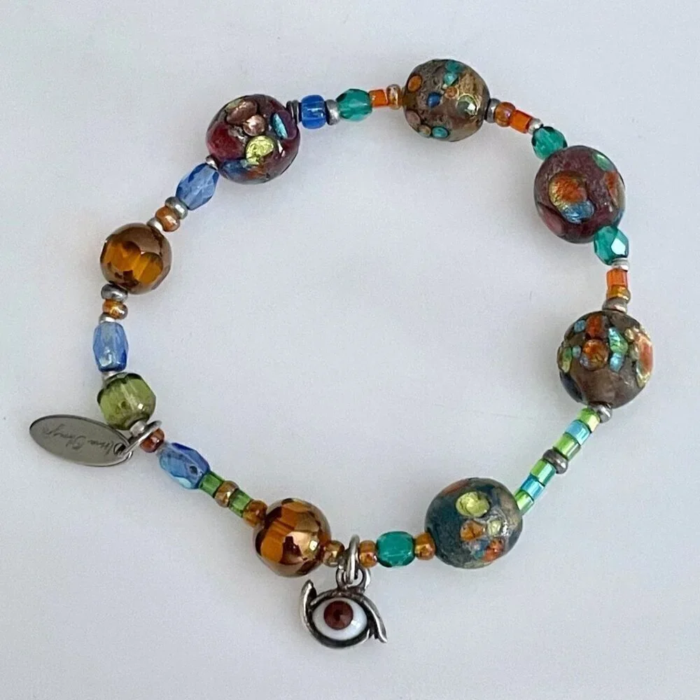Irma Obregón Sterling Silver Evil Eye Lampwork Bead Handmade Stretch Bracelet OS